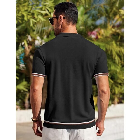 Men's Black Short Sleeve Knit Shirt Casual Button Down Shirt Vintage Striped - Picture 4 of 6